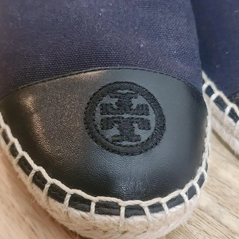 Tory Burch Shoes Womens Size 8 Navy Black Espadrille Flats Leather Cap Toe Logo